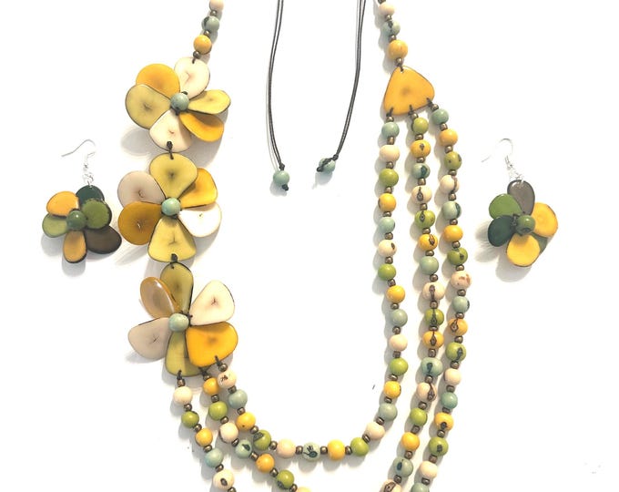Flower Tagua and Acai Seed Necklace and Earrings Set | Adjustable Boho Statement Jewelry