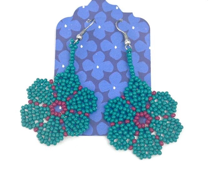 Handmade Green and Red Glass Seed Beads Dangle Earrings