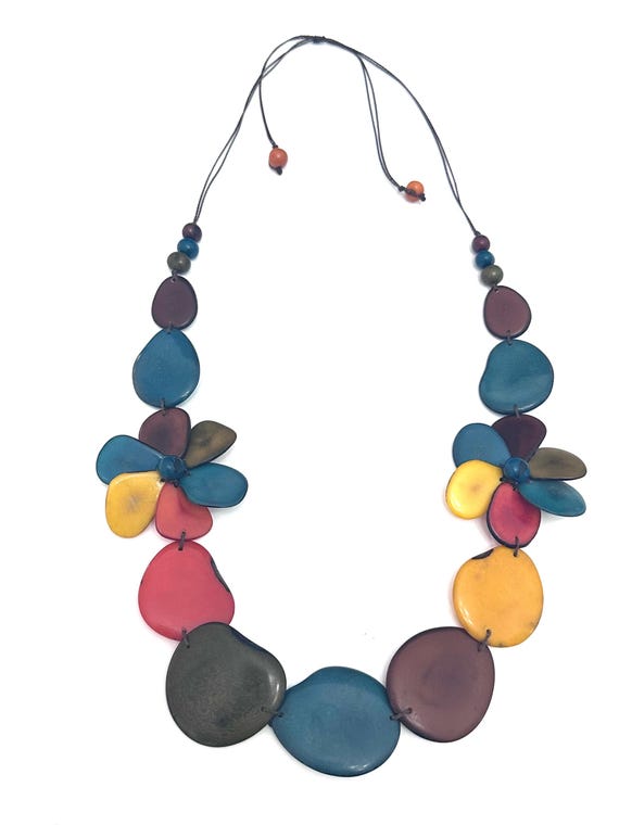 Long Tagua Seed Necklace with Double Flower Pendant