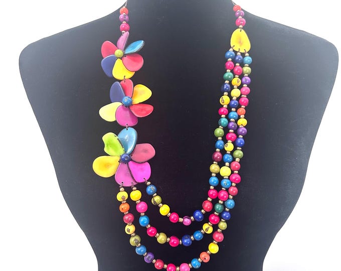 Flower Tagua and Acai Seed Necklace | Adjustable Boho Statement Jewelry