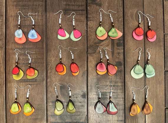 Double Tagua-Nut Slice Earrings/ Colorful Jewelry, Boho Jewelry