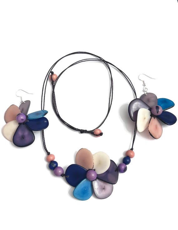 Tagua Nut Flower Necklace and Earrings Set, Adjustable Boho Jewelry