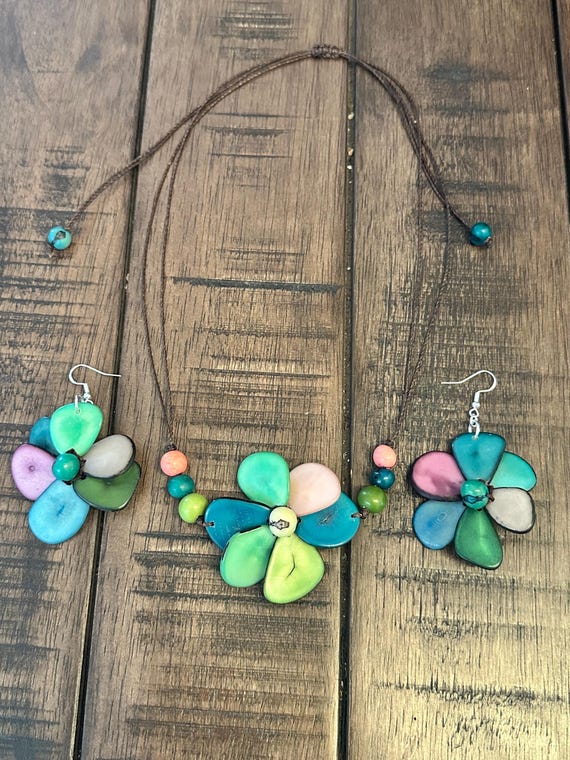 Tagua Nut Flower Pendant Necklace and Earrings Set, Eco Boho Jewelry