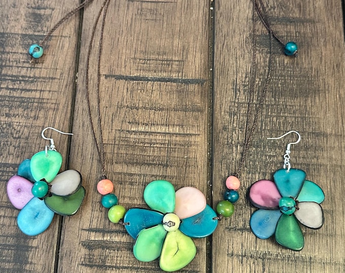 Tagua Nut Flower Pendant Necklace and Earrings Set, Eco Boho Jewelry