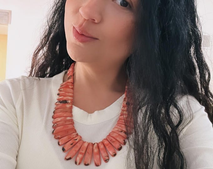 Pink Tagua Bib Necklace, Bohemian Statement Jewelry