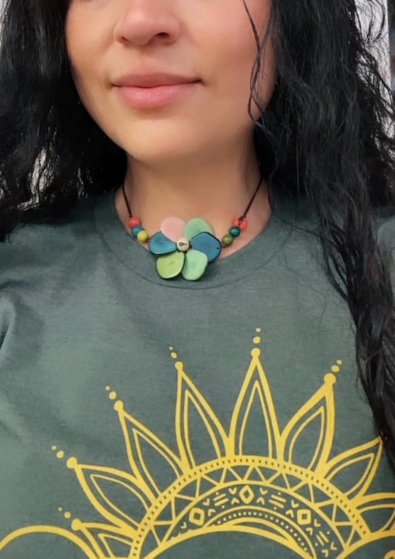 Colorful Tagua Nut Flower Pendant Necklace,  Adjustable Boho Chic Jewelry
