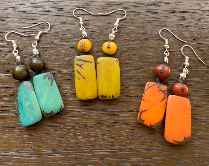 Tagua Nut Bead Earrings, Boho chic, Colorful Jewelry