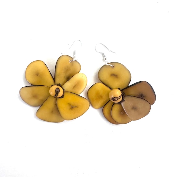 Yellow Tagua-Nut Earrings, Flower Design, Tagua Jewelry, Eco-Fashion, Eco-Friendly