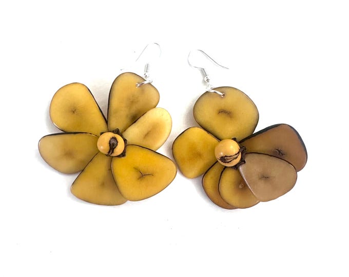 Yellow Tagua-Nut Earrings, Flower Design, Tagua Jewelry, Eco-Fashion, Eco-Friendly