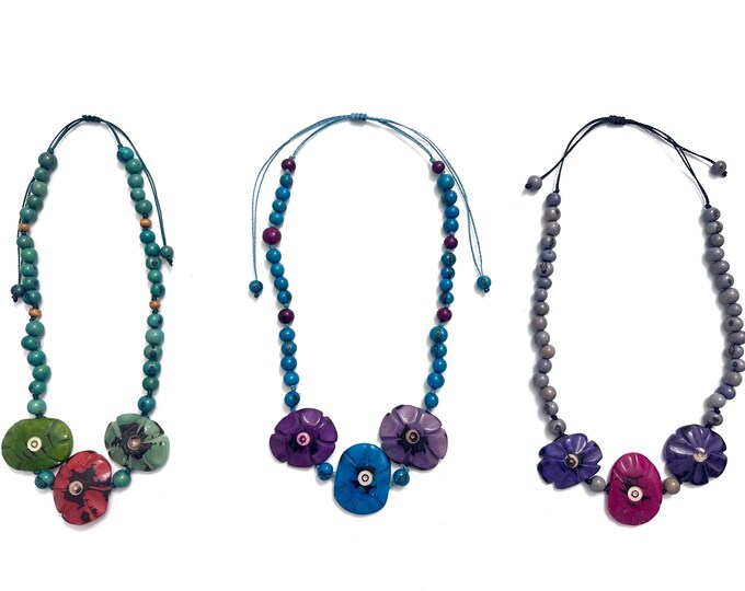 Tagua Nut Flower Design Adjustable Necklace / Tagua Jewelry /Boho Jewelry