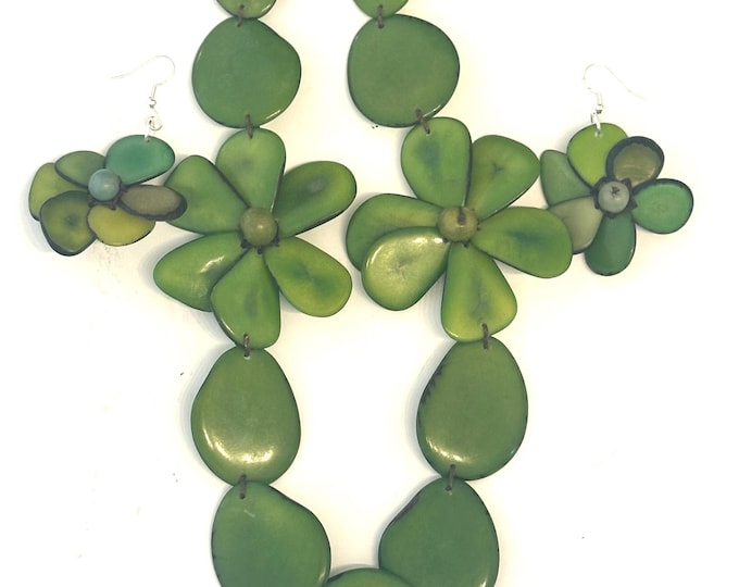 Green Tagua Flower Necklace and Earrings Set | Adjustable Boho Statement Jewelry