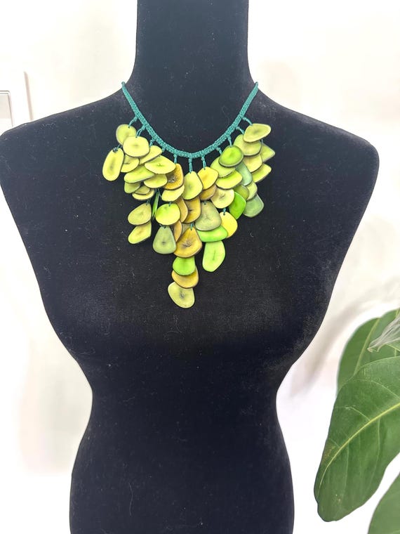 Green Tagua Nut Bib Necklace, Boho Statement Jewelry