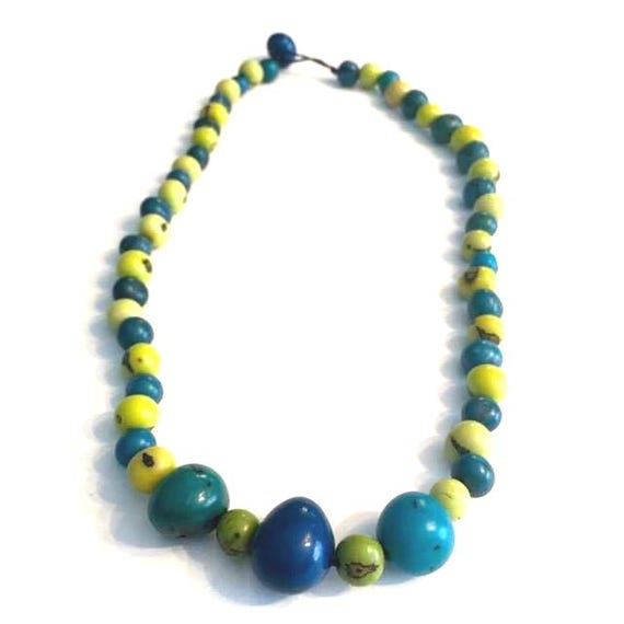 Acai Seed Bombona Bead Necklace, Blue Green Boho Statement Jewelry