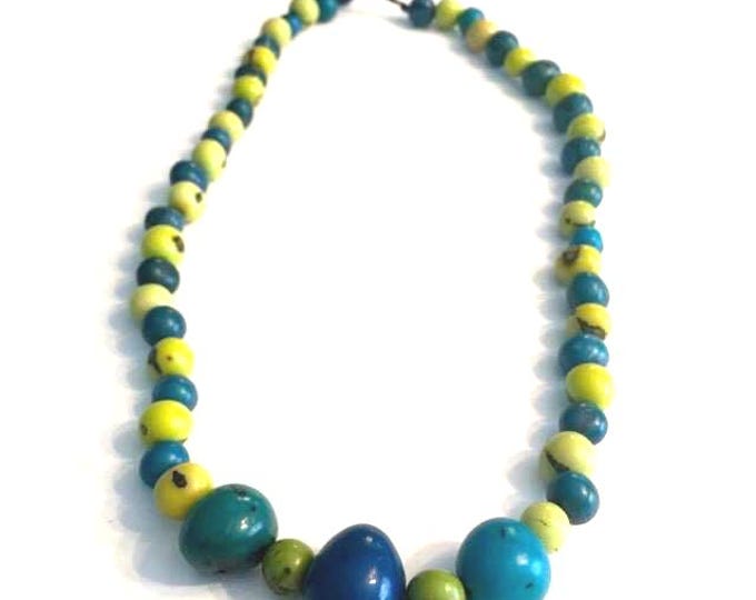 Acai Seed Bombona Bead Necklace, Blue Green Boho Statement Jewelry