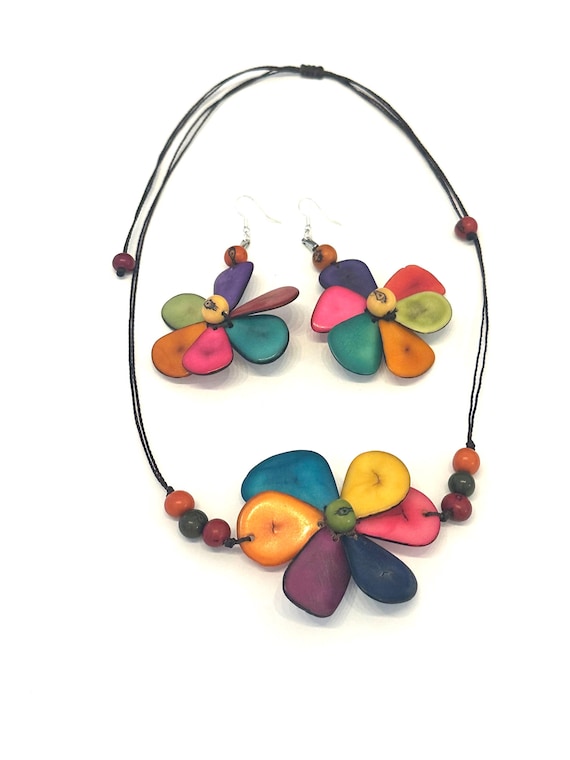 Colorful Tagua Nut Flower Necklace and Matching Earrings,  Adjustable Boho Chic Jewelry