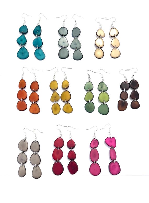 Boho Dangle Earrings, Sliced Tagua Nut, Sustainable Palm