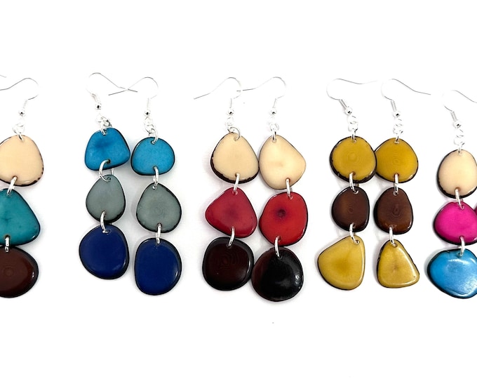 Long Sliced Tagua Nut Earrings, Boho chic, Sustainable Palm Nut Earrings,