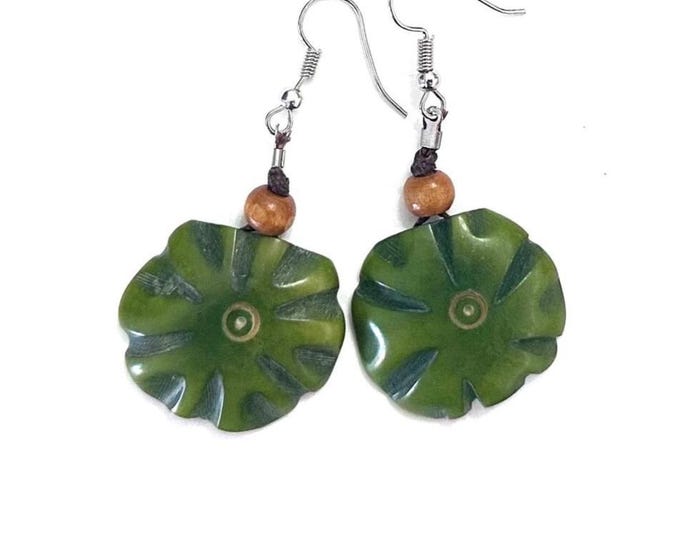 Green Tagua Nut Flower Design Earrings- Eco-friendly Jewelry - Boho - Bohemian