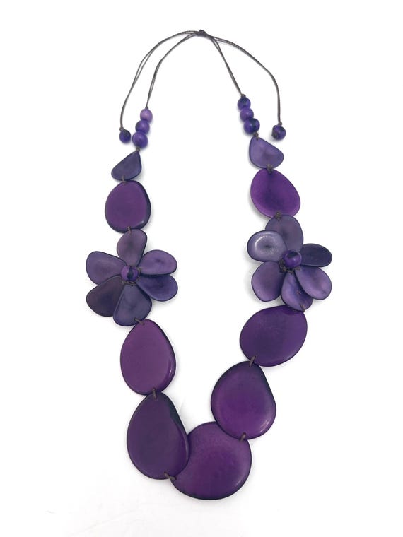 Long Tagua Seed Necklace with Double Flower Pendant