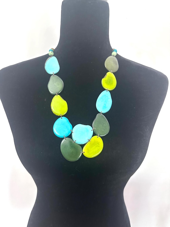 Tagua Nut Bib Necklace - Turquoise Green Boho Necklace