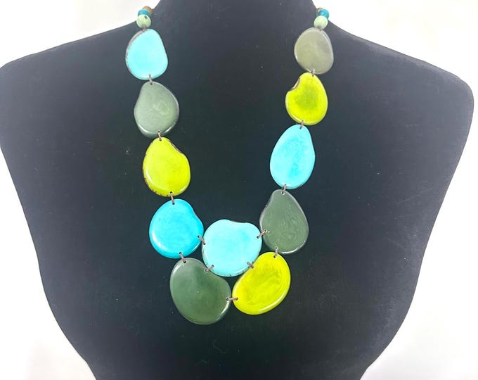 Tagua Nut Bib Necklace - Turquoise Green Boho Necklace