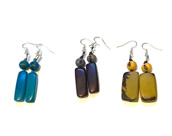 Tagua Nut Bead Earrings, Boho chic, Colorful Jewelry