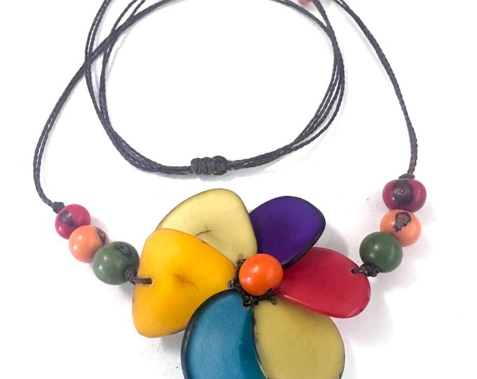 Colorful Tagua Nut Flower Necklace,  Adjustable Boho Chic Jewelry