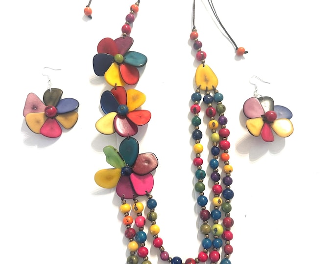 Tagua Flower Necklace and Earrings Set | Adjustable Boho Statement Jewelry