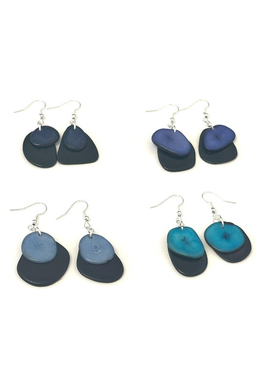 Black & Blue Tagua Nut Earrings, Boho Vegetable Ivory Jewelry