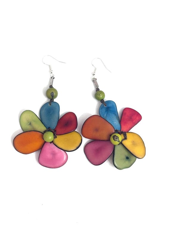 Tagua Nut Flower Earrings, Eco Fashion, Eco Friendly, Boho Jewelry