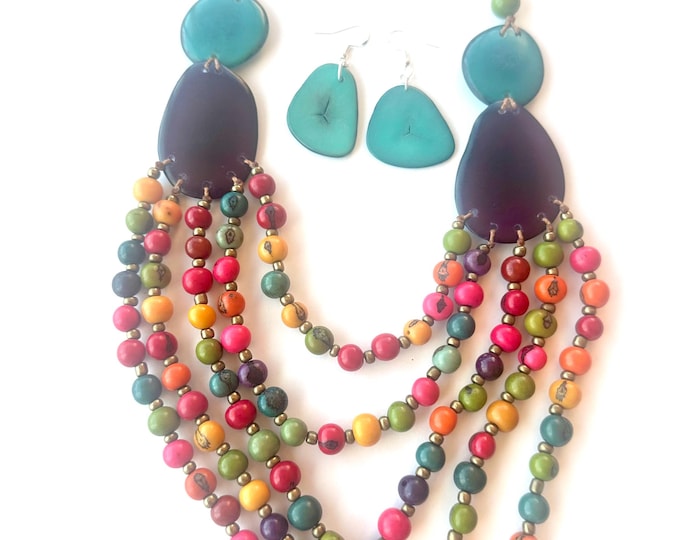 Tagua & Acai Seed Necklace and Earrings Set | Adjustable Boho Statement Jewelry