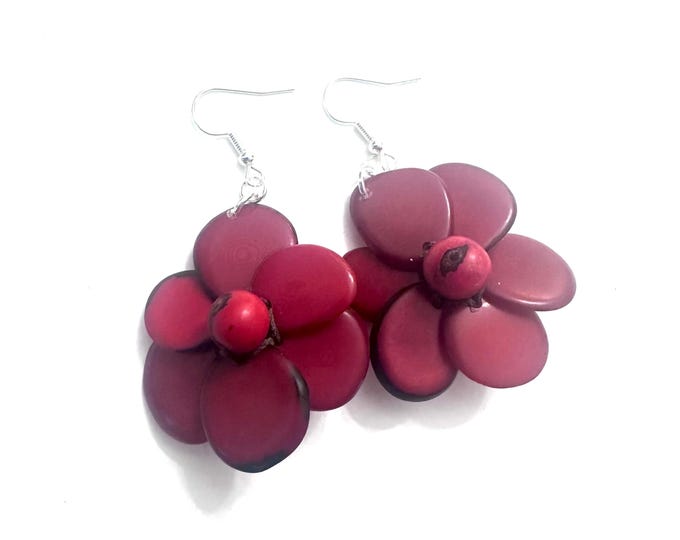 Red Tagua-Nut Earrings, Flower Design, Tagua Jewelry, Eco-Fashion, Eco-Friendly