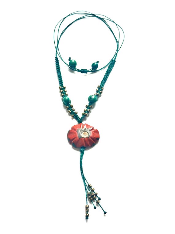 Tagua Nut Flower Pendant Macrame Necklace, Colorful Eco-Friendly Statement Jewelry