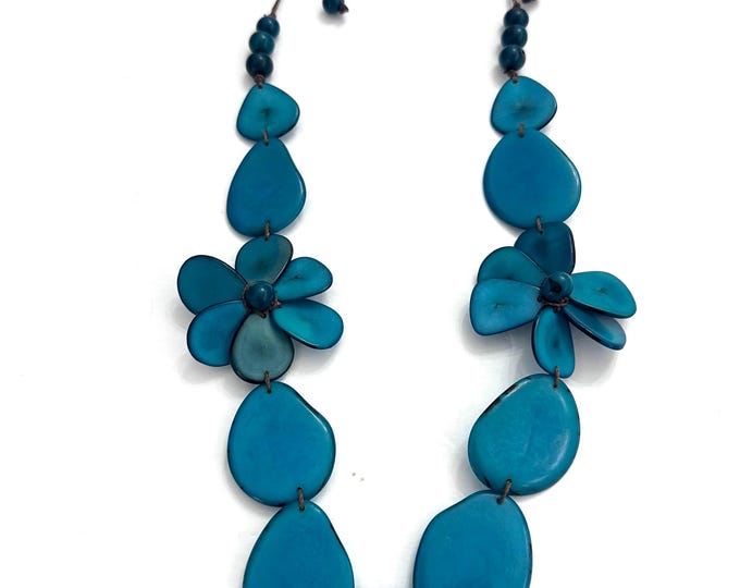 Teal Tagua Flower Necklace | Adjustable Boho Statement Jewelry