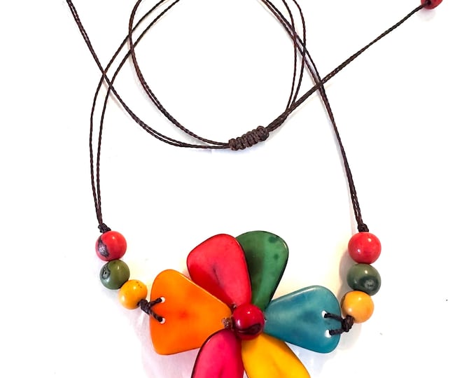 Colorful Tagua Nut Flower Necklace,  Adjustable Boho Chic Jewelry