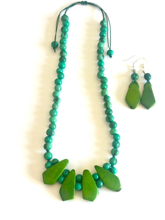 Green Tagua Nut Necklace and Earrings Set- Boho Statement Jewelry