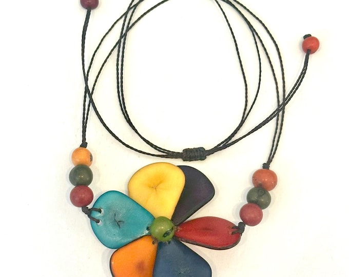 Colorful Tagua Nut Flower Pendant Necklace,  Adjustable Boho Chic Jewelry