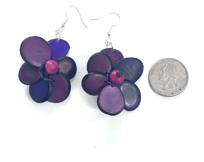 Purple Tagua-Nut Earrings, Flower Design, Tagua Jewelry, Eco-Fashion, Eco-Friendly