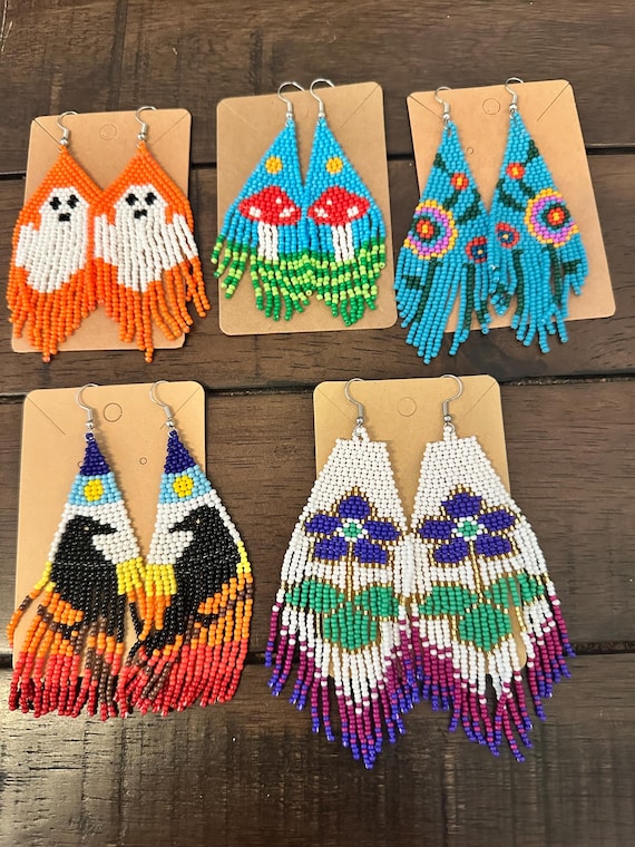 Handmade Multicolored Glass Seed Bead Dangle Earrings, Southwestern beadwork.