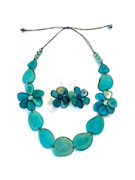 Turquoise Tagua Flower Necklace and Earrings Set | Adjustable Boho Statement Jewelry