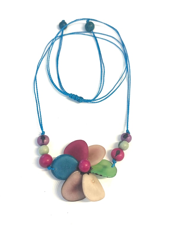 Colorful Tagua Nut Flower Pendant Necklace,  Adjustable Boho Chic Jewelry