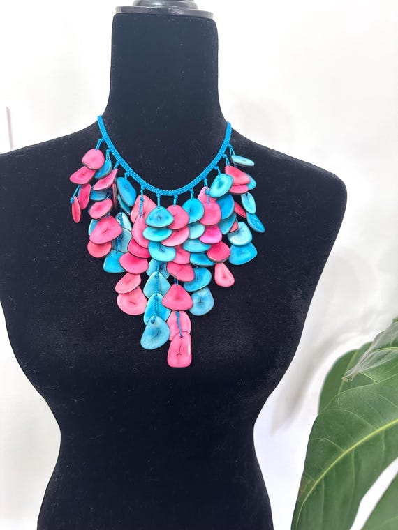 Tagua Nut Bib Necklace, Turquoise Fuchsia Cascade, Boho Statement Jewelry
