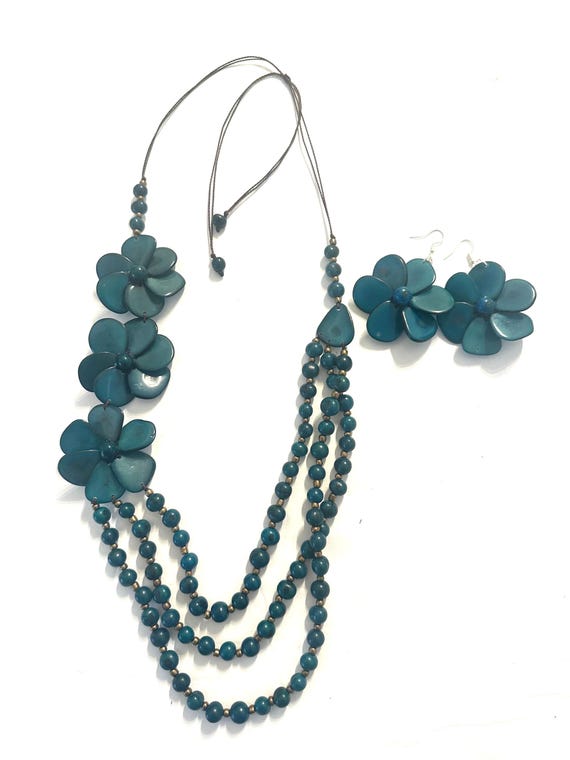 Flower Tagua and Acai Seed Necklace and Earrings Set | Adjustable Boho Statement Jewelry