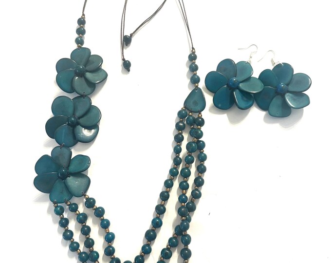 Flower Tagua and Acai Seed Necklace and Earrings Set | Adjustable Boho Statement Jewelry