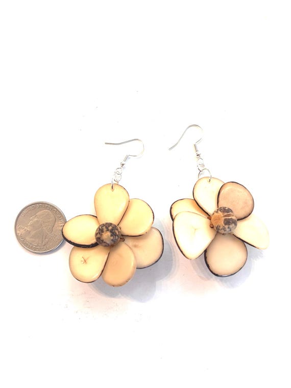Tagua-Nut Earrings, Flower Design, Tagua Jewelry, Eco-Fashion, Eco-Friendly
