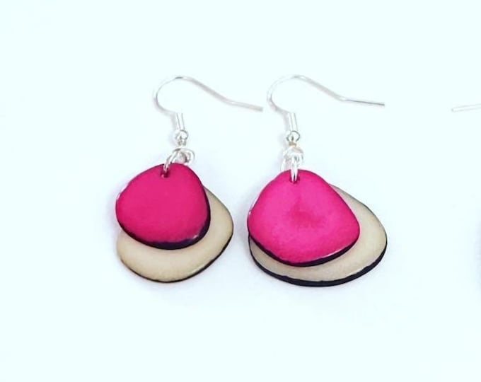 Tagua Nut Earrings, Boho Style, Beige Fuchsia, Vegetable Ivory Jewelry