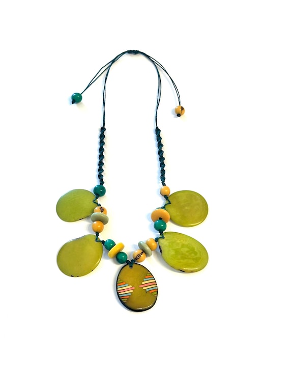 Green Tagua Nut Adjustable Statement Necklace, Boho-Chic