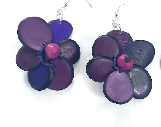 Purple Tagua-Nut Earrings, Flower Design, Tagua Jewelry, Eco-Fashion, Eco-Friendly
