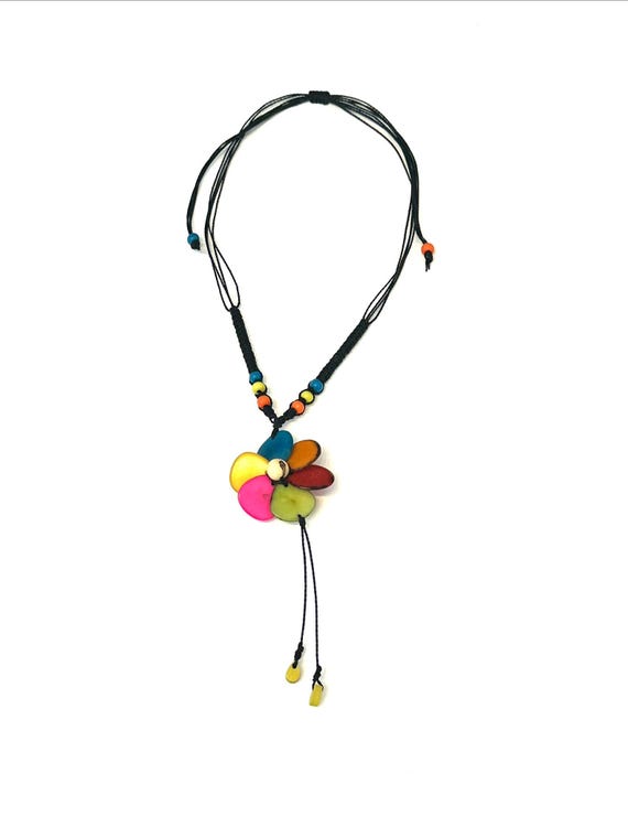 Adjustable Tagua Nut Flower Pendant Macrame Necklace, Boho Jewelry