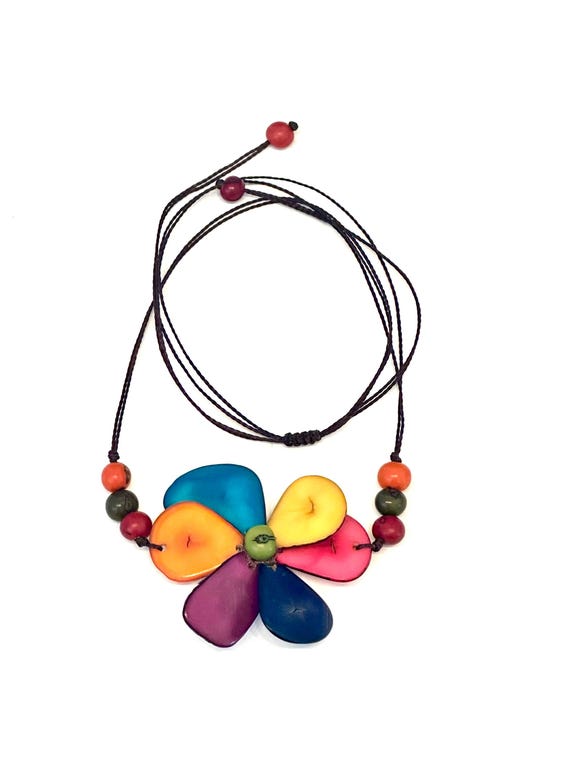 Colorful Tagua Nut Flower Pendant Necklace,  Adjustable Boho Chic Jewelry